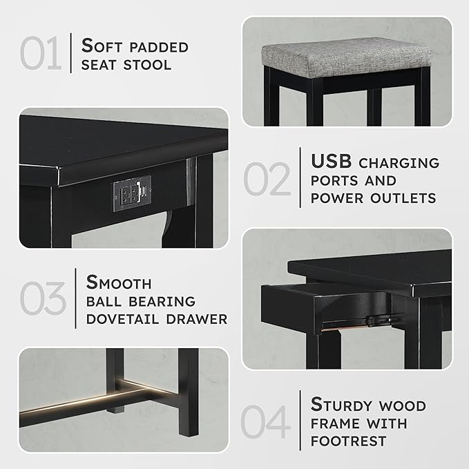Lexicon Oreille Bar Table with Stools Set, Modern Console Table with Stools - 4-Piece Set with 2 USB Ports & A/C Power Outlets, Counter Height, Discrete Drawer, Perfect Dining Room & Kitchen Black