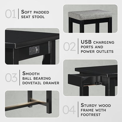 Lexicon Oreille Bar Table with Stools Set, Modern Console Table with Stools - 4-Piece Set with 2 USB Ports & A/C Power Outlets, Counter Height, Discrete Drawer, Perfect Dining Room & Kitchen Black