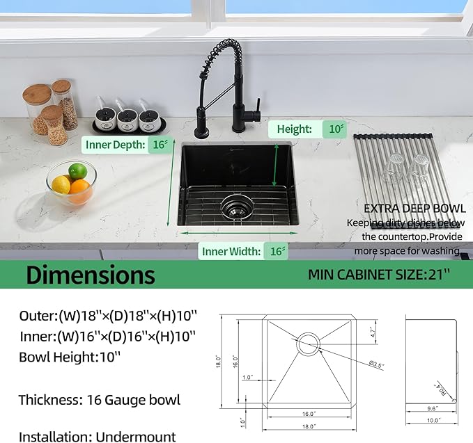 Undermount Kitchen Sink, 18 x 18 x 10 Inch Single Bowl Undermount Small Bar Sink 16 Gauge T-304 Stainless Steel Gunmetal Black Kitchen Sinks