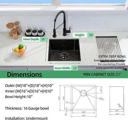 Undermount Kitchen Sink, 18 x 18 x 10 Inch Single Bowl Undermount Small Bar Sink 16 Gauge T-304 Stainless Steel Gunmetal Black Kitchen Sinks