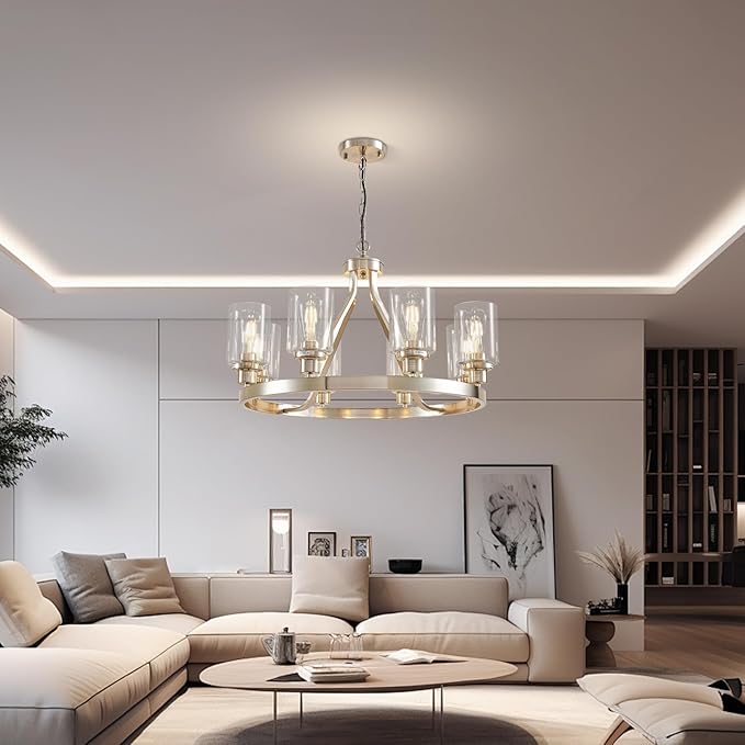 Lanhall 8-Light Modern Chandeliers for Dining Room Light Fixture Brushed Nickel Kitchen Chandelier Ceiling Hanging Pendant Lighting with Glass Shade for Living Room Entryway Adjustable Height E26