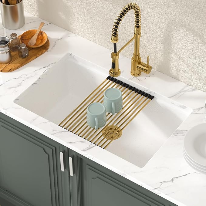 Lordear 30 Inch White Kitchen Sink Granite Composite Undermount Kitchen Sink Workstation 30x19 White Quartz Sinks Under Counter Single Bowl with Classic Gold Accessories