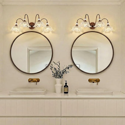 Antique Red Bronze Finish Bathroom Vanity Light, 4-Light Vintage Vanity Light with Floral Clear Glass Shades, Retro Wall Mount Lighting for Bathroom, Dressing Table