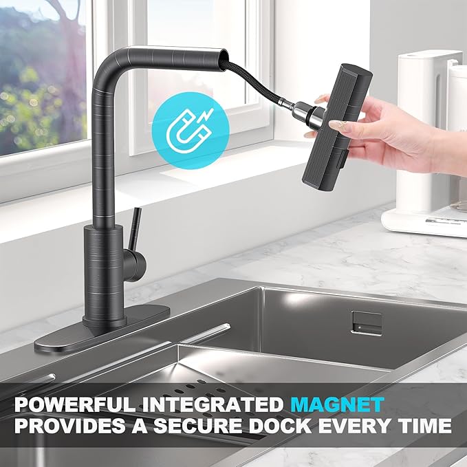 AVSIILE Kitchen Faucets with Pull Down Sprayer & Soap Dispenser, Single Hole & Handle, Oil Rubbed Bronze, Pull Out Tap, Stainless Steel Waterfall Sink Faucet Suitable for Farmhouse Camper Laundry Rv
