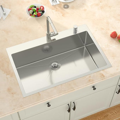 33 Inch Drop In Kitchen Sink - 33x22 Topmount 16 Gauge Stainless Steel Single Bowl Drop In Kitchen Sink 9" Deep Basin with Drain Assembly