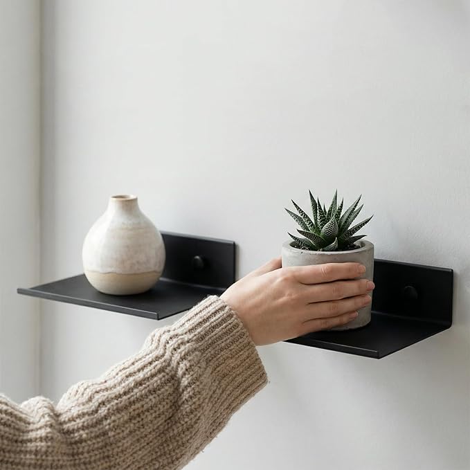 Z metnal 2 Pack 6 Inch Metal Floating Shelves with Safety Lip, Small Wall Mounted Shelf Holds Up to 5 Lbs, Matte Black Lightweight Display Ledge with Hidden Screw Caps for Bathroom, Bedroom