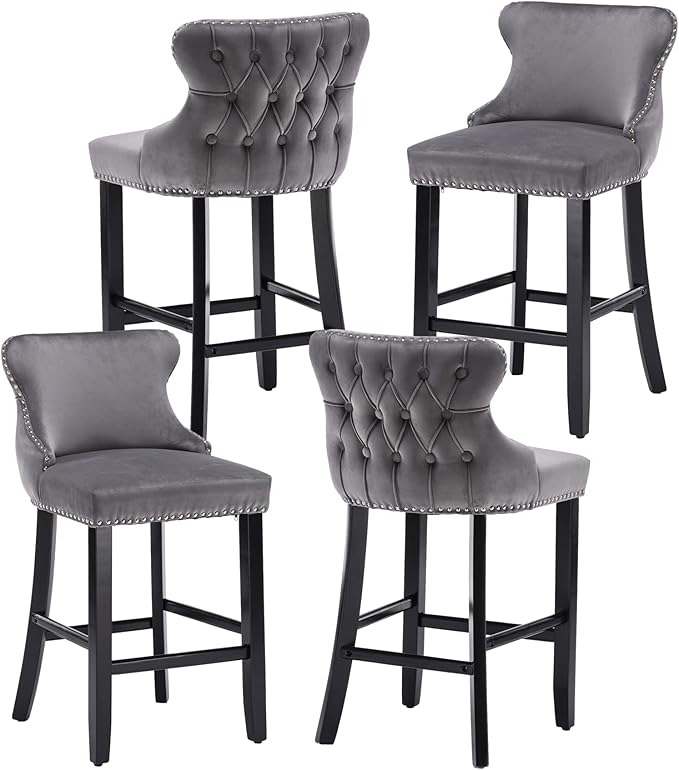 Rhomtree Elegant Button Tufted Upholstered Fabric Bar Stools with Nailhead Trim, Dining Side Chair, Leisure Padded Chairs with Solid Wooden Legs Home Kitchen Island Wooden Bar Chairs (Grey, Set of 4)