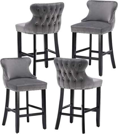 Rhomtree Elegant Button Tufted Upholstered Fabric Bar Stools with Nailhead Trim, Dining Side Chair, Leisure Padded Chairs with Solid Wooden Legs Home Kitchen Island Wooden Bar Chairs (Grey, Set of 4)