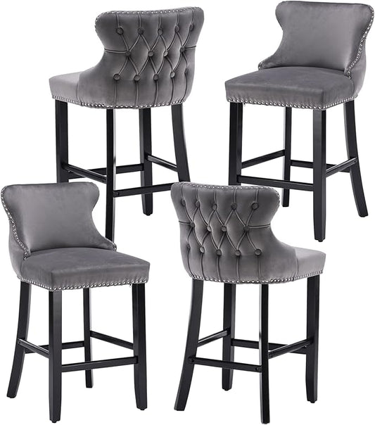 Rhomtree Elegant Button Tufted Upholstered Fabric Bar Stools with Nailhead Trim, Dining Side Chair, Leisure Padded Chairs with Solid Wooden Legs Home Kitchen Island Wooden Bar Chairs (Grey, Set of 4)