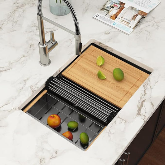 27 Inch Black Undermount Kitchen Sinks Workstation - Couoko Gunmetal Black 16 Gauge Stainless Steel Single Bowl Undermount Sink with Accessories, 27"x19"x9"