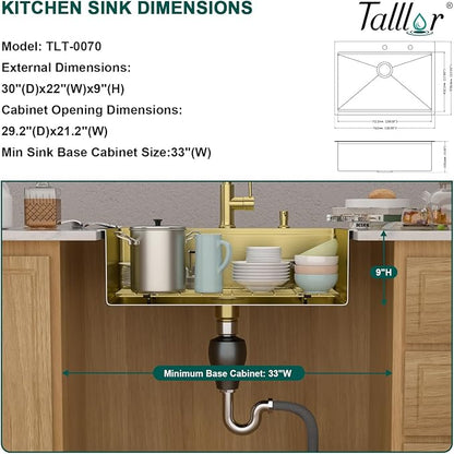 30 Gold Drop In Kitchen Sink - Workstation All-In One 16 Gauge Stainless Steel 30x22 Single Bowl Topmount Handmade Sinks for Kitchen with Mixing Board and Pasta Strainer #TLT-0070
