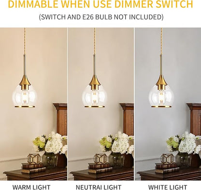 1-Piece Island Light for Kitchen, 1-Light Gold Kitchen Island Hanging Pendant Light with Clear Round Glass Shades, Brushed Gold Finish Dining Room Light Fixture Over Table