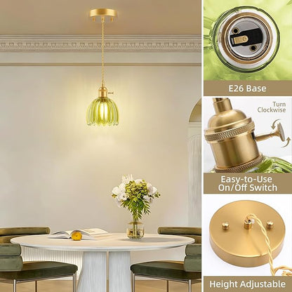 Ralbay 3 Pack Pendant Lights with Green Tulip Glass Lampshade, Mini Pendant Light Fixture with Switch, Adjustable Vintage Brass Hanging Light for Kitchen Island Bedroom Dining Room Hallway