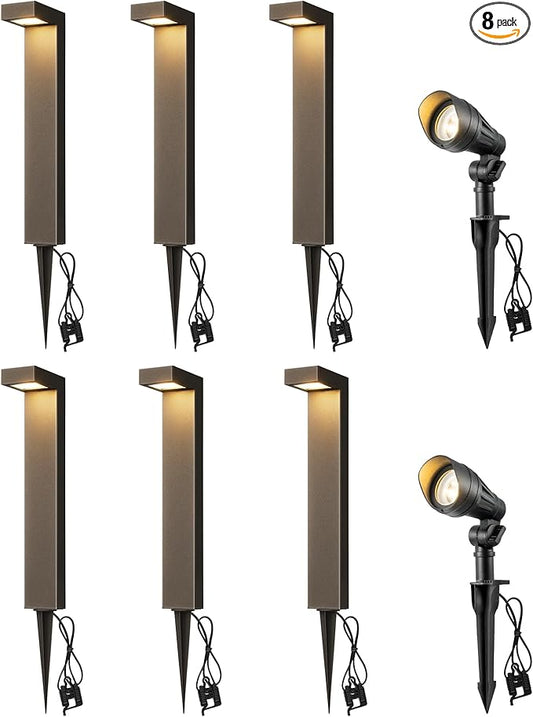 EDISHINE Low Voltage Landscape Lighting Kit, 3.2W LED Pathway Lights & 3.2W 240LM Spotlight, 12V Outdoor Path & Spot Lights with Connectors, Aluminum Waterproof for Walkway Yard Garden Path