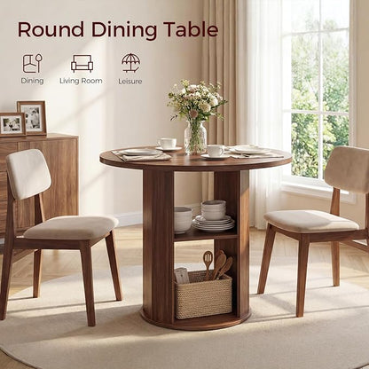 MAHANCRIS 31.5" Round Dining Table with Storage Shelf for 2-3, Circle Kitchen Dinner Table with Thick Tabletop, for Small Spaces, Circle Nook Table for Kitchen & Dining Room, Walnut DTWA8501