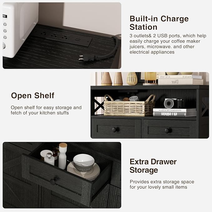 FiveWillowise 31.5" Black Storage Cabinet with Drawers and Shelf, Farmhouse Sideboard Buffet with Storage, Kitchen Pantry Hutch, Coffee Bar Cabinet Station Table for Kitchen, Living, Dining Room