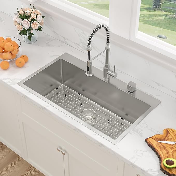 Sarlai 33 Inch Drop In Kitchen Sink - 33x19 Inch Kitchen Sink Drop In Stainless Steel Topmount Sink 16 Gauge Single Bowl Deep Top Mount Kitchen Sinks Basin