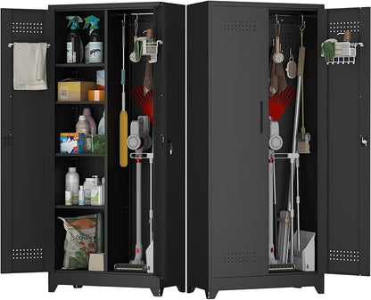 Metal Locking Cabinet, 72.8" Tall Storage Cabinet for Broom, Garage Storage Cabinet with Doors and Shelves, Heavy Duty Tool Cabinet for Home Office, School, Basement,Gym