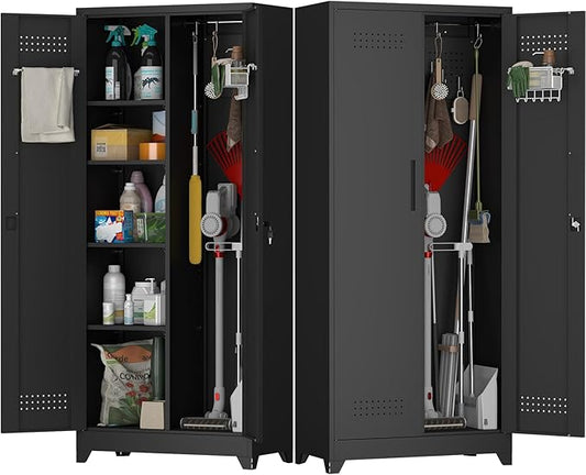 Metal Locking Cabinet, 72.8" Tall Storage Cabinet for Broom, Garage Storage Cabinet with Doors and Shelves, Heavy Duty Tool Cabinet for Home Office, School, Basement,Gym