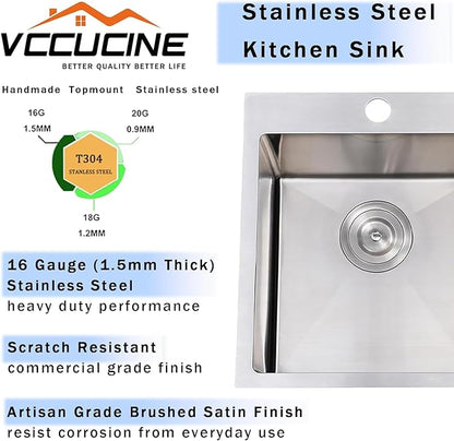 VCCUCINE Bar Sink Drop in, 15 x 17 Inch Topmount RV Small Kitchen Sink, 16 Gauge Overmount Stainless Steel Laundry Wet Bar Sink, Top Mount Outdoor Single Bowl,Brushed Nickel Prep Sink with Accessories