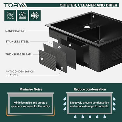 TORVA RV Kitchen Sink, 15 x 18 x 7 Inch Undermount Bar Sink 16 Gauge Stainless Steel Single Bowl Sink with Foldable Faucet Cutting Board, Dark Grey