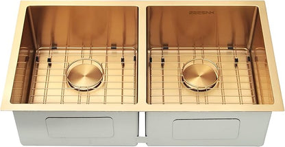 Double Bowl Gold Kitchen Sink 31" X 18",50/50 Double Bowl Undermount Kitchen Sinks,16 Gauge Stainless Steel Undermount Gold Sink