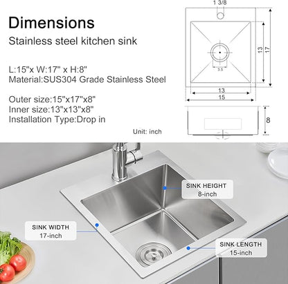 MENATT 15 x 17 Inch Drop in Bar Sink, Single Faucet Hole Single Bowl Topmount Small Kitchen Sink, 304 Stainless Steel Kitchen Bar or Prep Sinks, Brushed