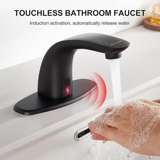 Charmingwater Touchless Bathroom Sink Faucet with Hole Cover Plate, Matte Black