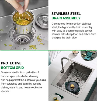 25x18 Inch Kitchen Sink, Commercial Grade 304 Steel Kitchen Sink, Centre-Offset Drain, 9" Deep Single Bowl Kitchen Sinks, Brushed(Inclued Bottom Grid & Drain Strainer)