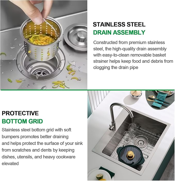 28x18x9 Inch Kitchen Sink Drop in, Handmade 304 Stainless Steel Single Bowl, Centre-Offset Drain, R10 Tight Corner, Topmount Kitchen Sink with Strainer & Bottom Grid