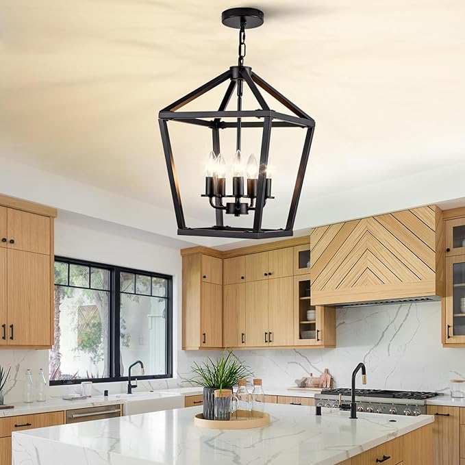 5-Light Black Pendant Lights Kitchen Island, 13 Inch Farmhouse Pendant Light, Adjustable Height Iron Lantern Black Pendant Light Fixtures, Cage Farmhouse Chandelier Island Lights for Kitchen Foyer