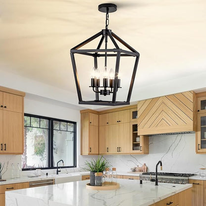 5-Light Black Pendant Lights Kitchen Island, 13 Inch Farmhouse Pendant Light, Adjustable Height Iron Lantern Black Pendant Light Fixtures, Cage Farmhouse Chandelier Island Lights for Kitchen Foyer