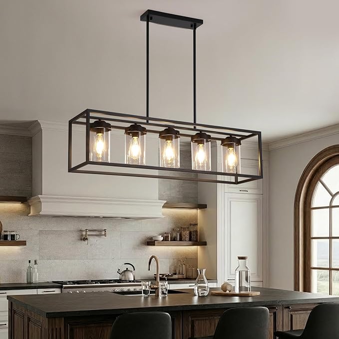 Black Farmhouse Dining Room Chandelier, Rectangular Clear Glass Pendant Light, Modern Industrial Hanging Light Fixture for Kitchen Island