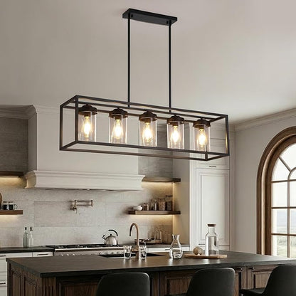 Black Farmhouse Dining Room Chandelier, Rectangular Clear Glass Pendant Light, Modern Industrial Hanging Light Fixture for Kitchen Island