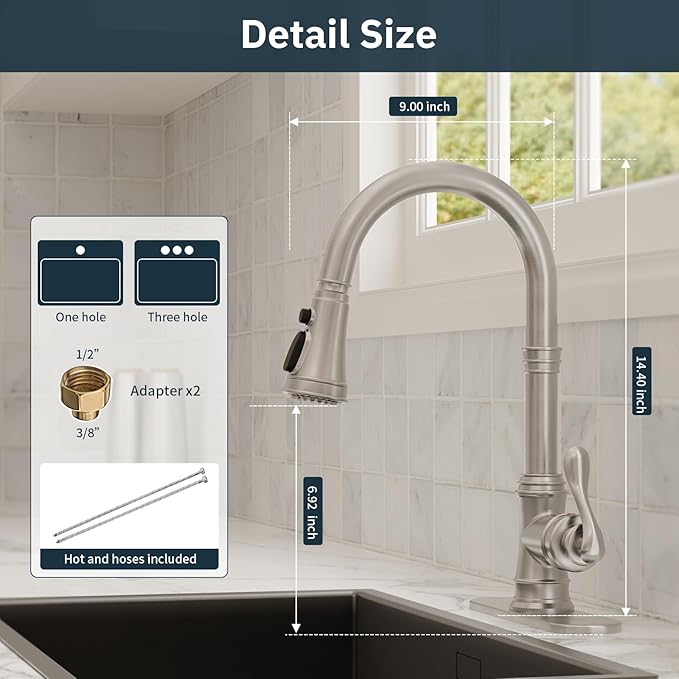 BWE Brushed Nickel Kitchen Faucet with Pull Down Sprayer, Solid Brass Single Handle High Arc Kitchen Sink Faucet, 3 Spray Modes, Deck Plate Included, Farmhouse Bar Kitchen Faucet