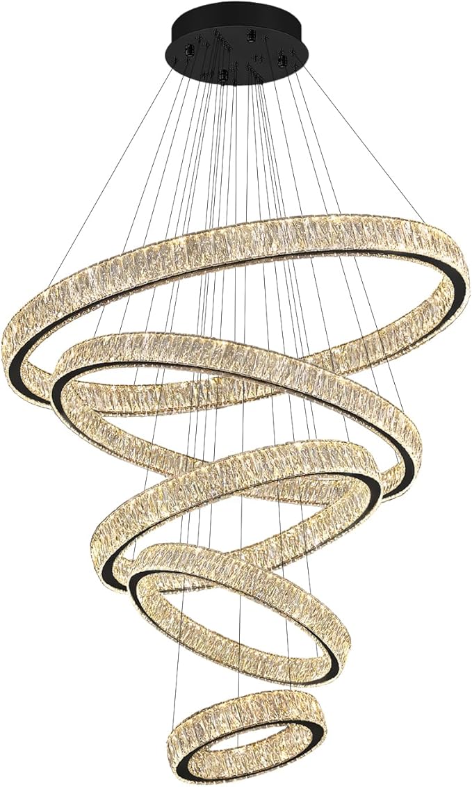 Modern 5 Ring Chandeliers for High Ceiling Foyer,Luxury Dimmable Crystal Ceiling Light Fixtures Staircase Entrance Villa Large Black Chandelier D8''+15.7"+23.6"+31.5"+39.4"