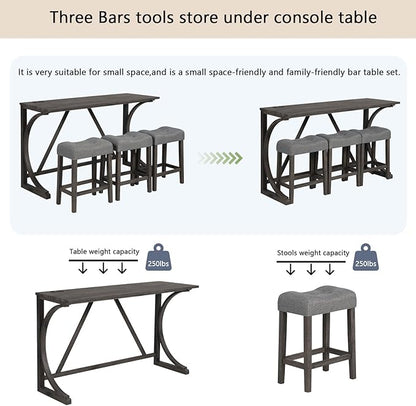 Polibi 4-Piece Farmhouse Counter Height Dining Set,Bar Table and Chairs Set,Bar Table with Power Outlet and 3 Padded Saddle Seat Stools for Living Room,Dining Room,Game Room,Dark Gray