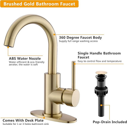 Gold Bathroom Faucets with Pop-Up Drain, Modern Single Hole Bathroom Sink Faucet with Deck Plate Single Handle Lavatory Faucets Brushed Gold Bar Vanity Faucet