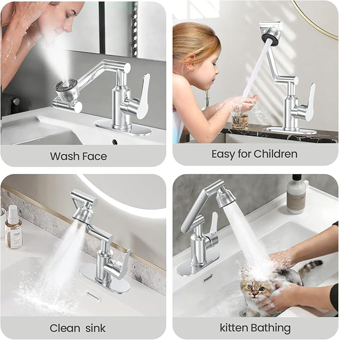 Bathroom Sink Faucet, FunnyAir Stainless Steel 1080° Rotatable Faucet for Sink 1 Hole or 3 Holes, Modern Style Single Handle Bathroom Faucets with Hot and Cold Hoses, Silver