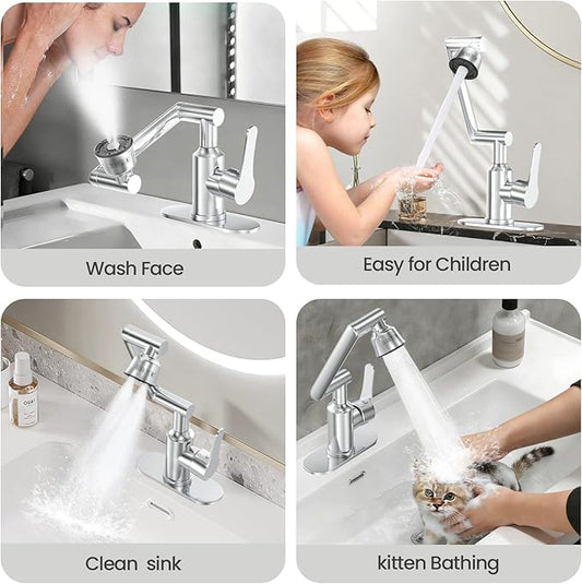 Bathroom Sink Faucet, FunnyAir Stainless Steel 1080° Rotatable Faucet for Sink 1 Hole or 3 Holes, Modern Style Single Handle Bathroom Faucets with Hot and Cold Hoses, Silver