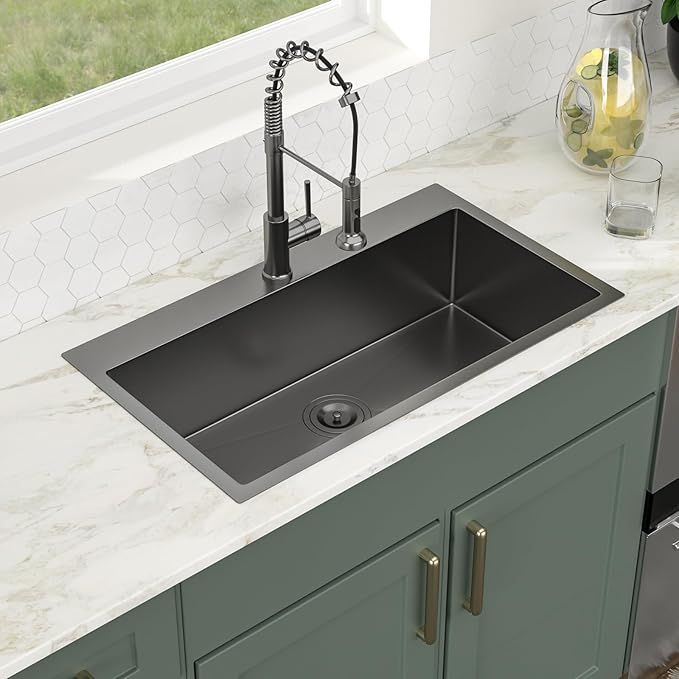 Logmey 33x19 Drop in Kitchen Sink Nano PVD Gunmetal Black Handmade Topmount Sinks 16 Gauge SUS304 Stainless Steel Single Bowl Sinks,Ideal for Home Cooking,Cleaning & Daily Kitchen Use,Noise Reduction
