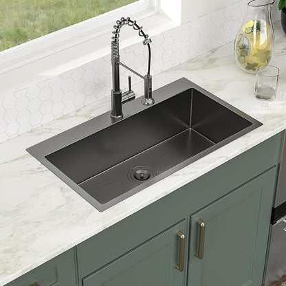 Logmey 33x19 Drop in Kitchen Sink Nano PVD Gunmetal Black Handmade Topmount Sinks 16 Gauge SUS304 Stainless Steel Single Bowl Sinks,Ideal for Home Cooking,Cleaning & Daily Kitchen Use,Noise Reduction