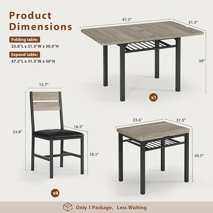 MapleGrace Dining Table Set for 4, Extendable Kitchen Table with 4 PU Leather Upholstered Dining Room Chairs, Wood Kitchen Table Set with Built-in Storage Rack for Dining & Small Spaces, Grey