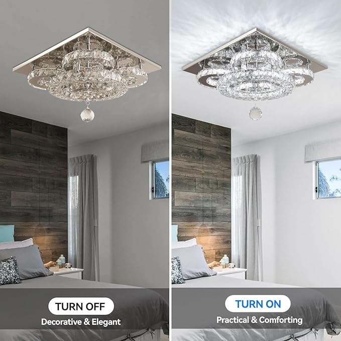 Modern Crystal Chandelier, 5-Ring LED Flush Mount Ceiling Light, Crystal Ceiling Lamp with Stainless Steel Base for Living Room Bedroom Dining Room Kitchen, Cool White