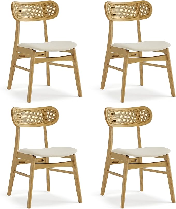 KISLOT Wooden Dining Chairs Set of 4, Upholstered Modern Dining Room Chairs, Mid Century Oak Wood Kitchen Chairs with Rattan Backrest for Farmhouse, Kitchen, Restaurant (Cream Fabric & Original Color)