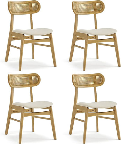 KISLOT Wooden Dining Chairs Set of 4, Upholstered Modern Dining Room Chairs, Mid Century Oak Wood Kitchen Chairs with Rattan Backrest for Farmhouse, Kitchen, Restaurant (Cream Fabric & Original Color)