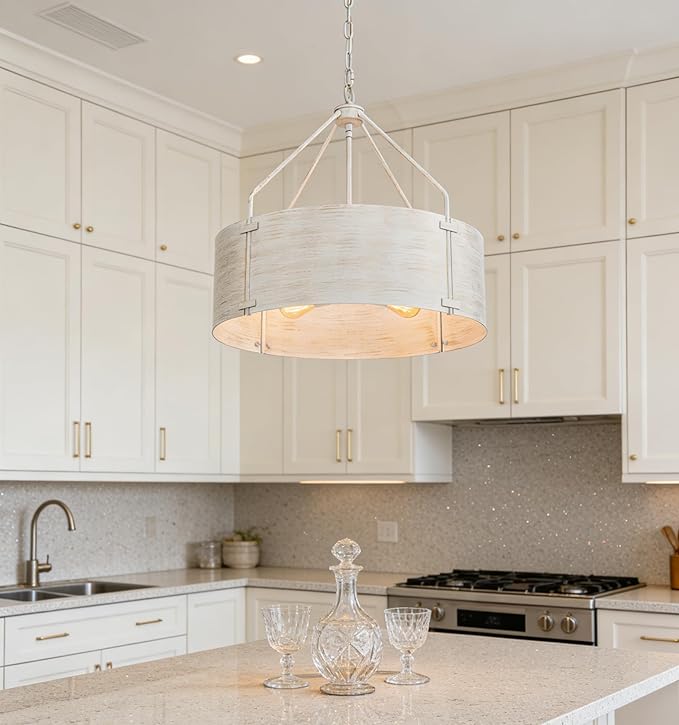 Drum Chandeliers for Dining Room,22" Distressed White Metal Dining Room Light Fixture Over Table, Industrial Vintage Rustic French Pendant Light for Kitchen,Entryway,Living Room