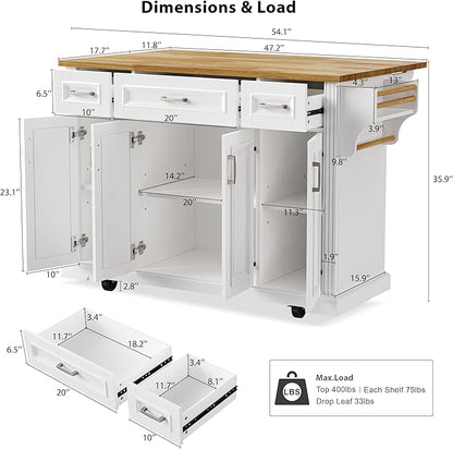 JIJIWANG 54" Large Kitchen Island with Drop Leaf and Storage, Embossed Texture Rolling Kitchen Cart on 4 Wheels with 4 Doors and 3 Drawers for Dining Room, White