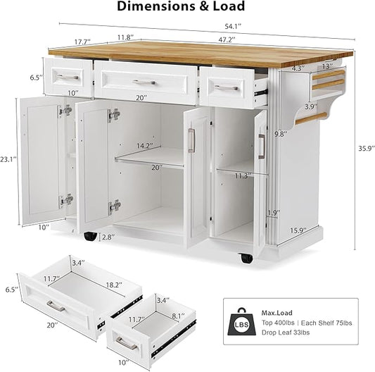 JIJIWANG 54" Large Kitchen Island with Drop Leaf and Storage, Embossed Texture Rolling Kitchen Cart on 4 Wheels with 4 Doors and 3 Drawers for Dining Room, White