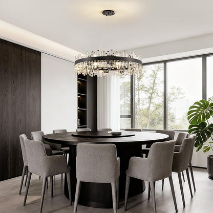 Siljoy Modern Crystal Chandelier Farmhouse Black Round 2-Tiers K9 Crystal Raindrop Chandelier Adjustable Flush Mount Crystal Ceiling Light for Dining Living Room Entryway Foyer E12x20, D39.4''